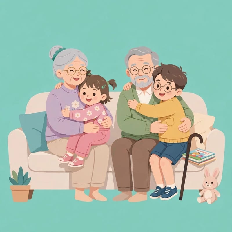 Grandparents holding their young grandchildren together on a sofa
